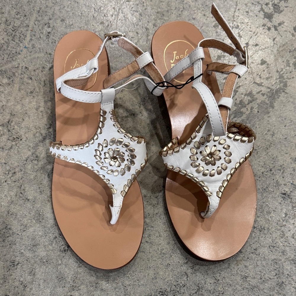 Jack Rogers White Leather Studded T-Strap Sandals with Gold Accents